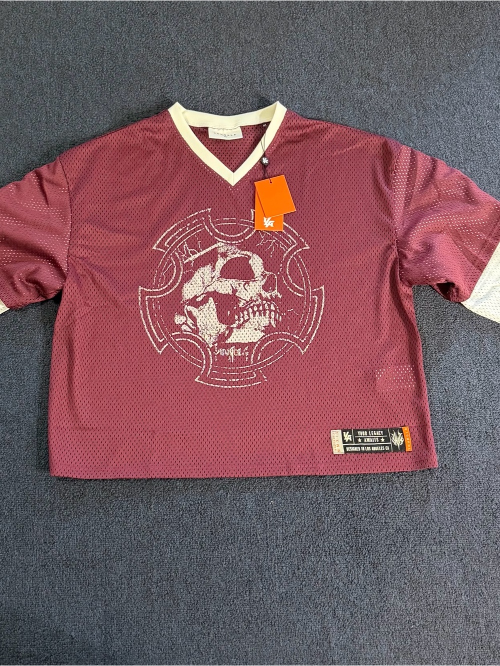 YoungLA Maroon Mesh Skull Graphic V-Neck with Cream Trim